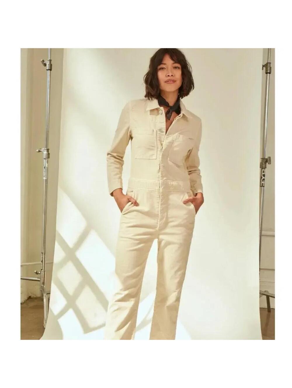 AMO Skip Utility Jumpsuit Coverall Khaki Tan Long Sleeve Patch Pocket Size S